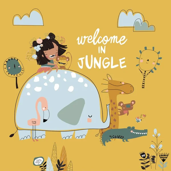 Hezká holka s kresleným zvířetem z džungle. Šťastní přátelé — Stockový vektor