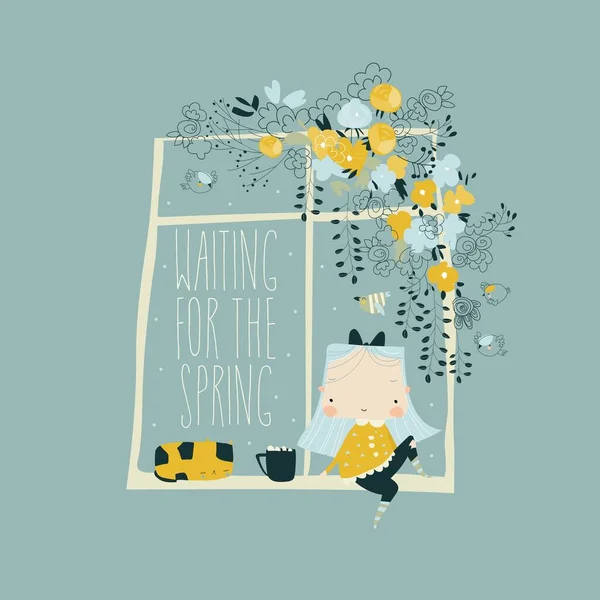 Nettes Mädchen sitzt am Fenster und wartet auf den Frühling — Stockvektor