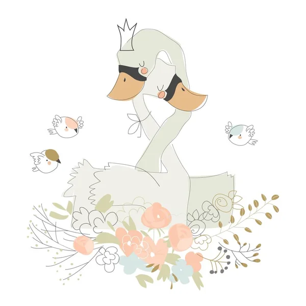 Cute kreskówki kilka łabędzi przytulanie na kwiaty — Wektor stockowy