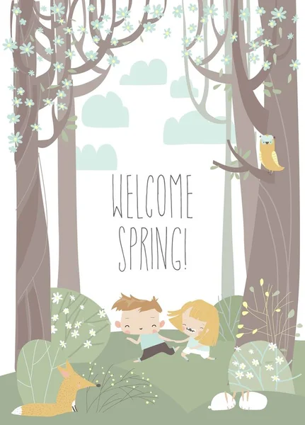 Cartoon happy children run in spring blossom forest — Stock Vector