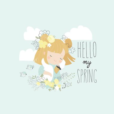 Çiçeklerin içinde kuğuya sarılan tatlı kız.