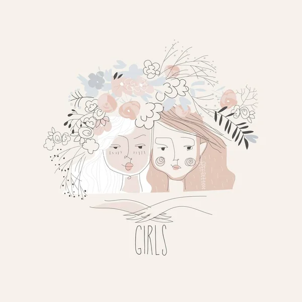 Cartoon-Illustration mit zwei schönen Mädchen in Blumen — Stockvektor