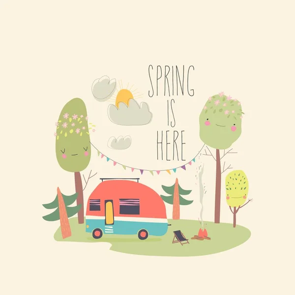 Little trailer standing in spring forest. Hello spring — Stock Vector