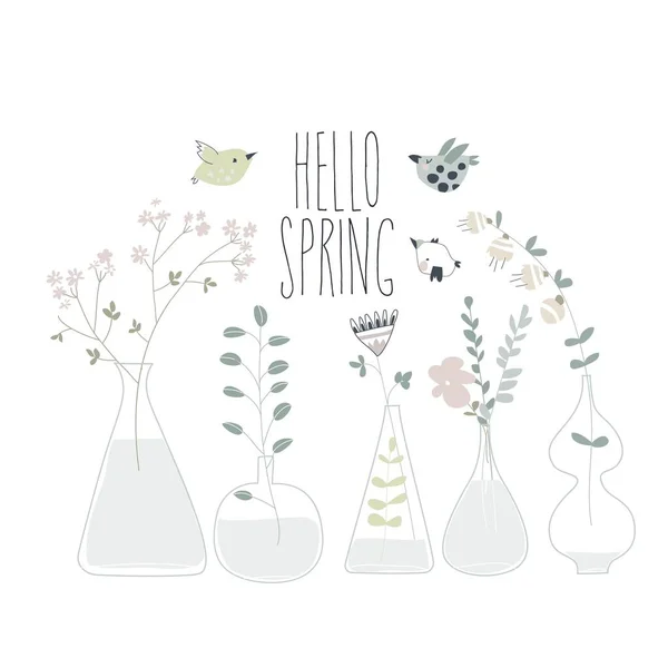 Desenhos animados flores primavera em diferentes garrafas. Olá primavera — Vetor de Stock