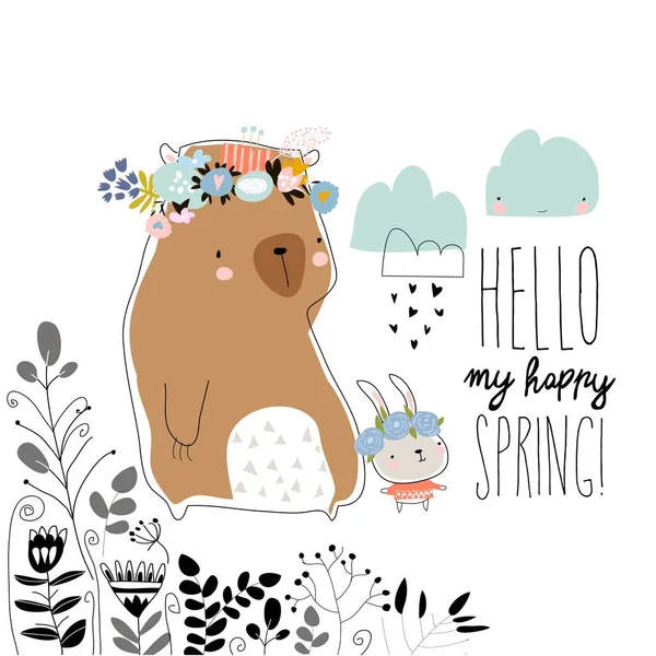 Leuke beer met klein konijntje verblijft in de lente planten — Stockvector