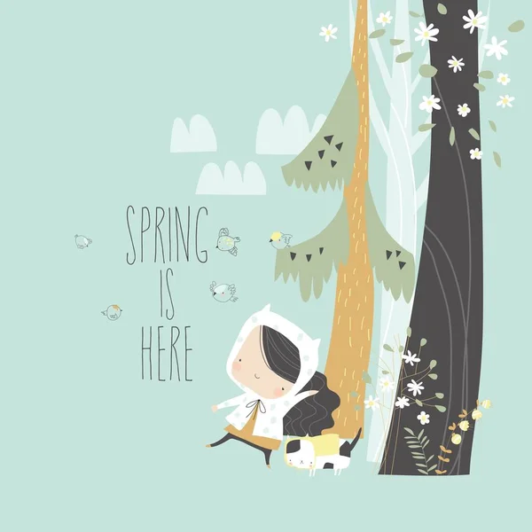 봄 숲 속에서 고양이랑 산책하는 귀여운 소녀 — 스톡 벡터