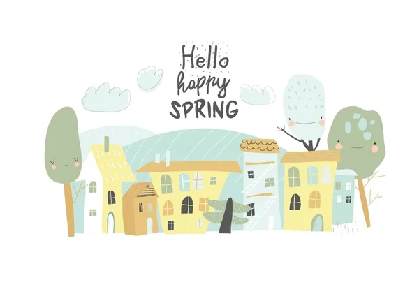 Cute little town with funny cartoon trees. Hello spring — Stock Vector