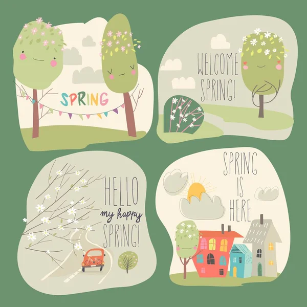 Conjunto de diferentes paisajes de primavera con divertidos árboles de dibujos animados — Vector de stock