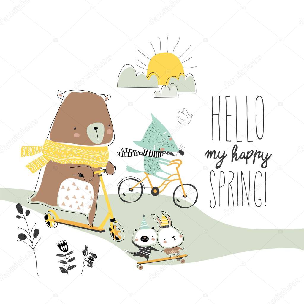 Happy animals doing sport in spring forest