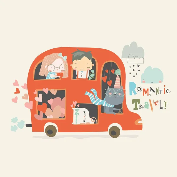 Dibujos animados rojo día de San Valentín autobús con parejas enamoradas — Vector de stock
