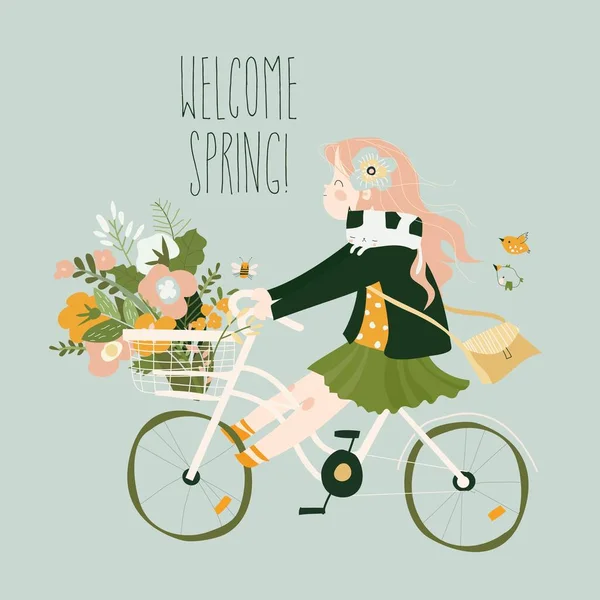 Linda chica de dibujos animados está montando bicicleta con ramo de primavera de flores — Vector de stock