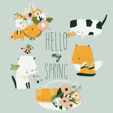 Bahar çiçekli komik kedi çizgi film seti