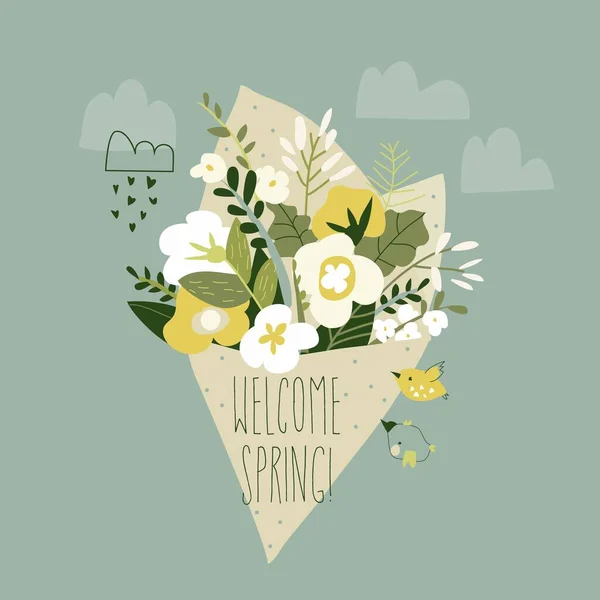 Cute cartoon spring bouquet of flowers. Hello spring — Stock Vector