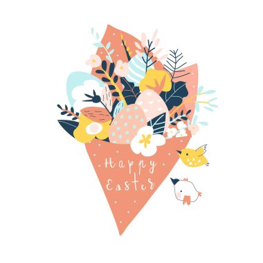 Paskalya yumurtalarıyla süslü bahar çiçekleri.