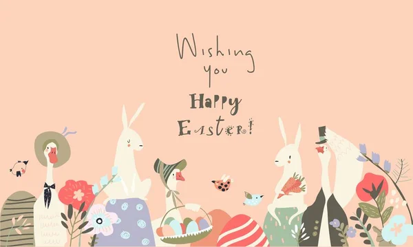 Mignon lapins de bande dessinée et gooses avec des œufs de Pâques et des fleurs — Image vectorielle