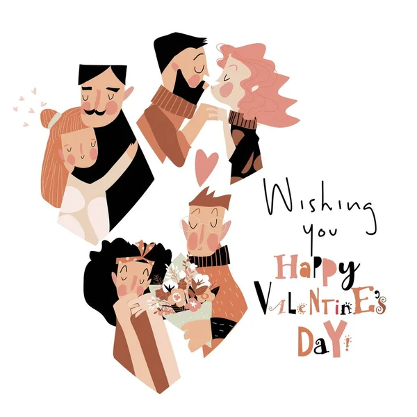 Ensemble de couples heureux amoureux célébrant la Saint-Valentin — Image vectorielle