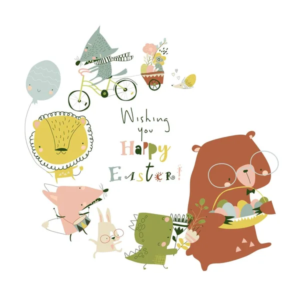 Cartoon-Illustration mit niedlichen Tieren, die Ostern feiern — Stockvektor