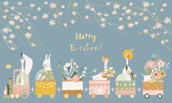 Милые мультяшные кролики и гуси с пасхальными яйцами и цветами — стоковый вектор