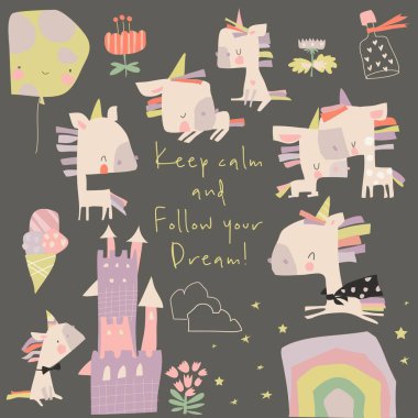 Bir grup şirin tek boynuzlu at ve sihirli elementler.