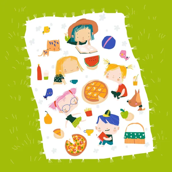 Happy children having picnic at the lawn. Hello summer — Stock Vector