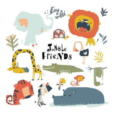 Beyaz arka planda vahşi hayvan çizgi film setleri