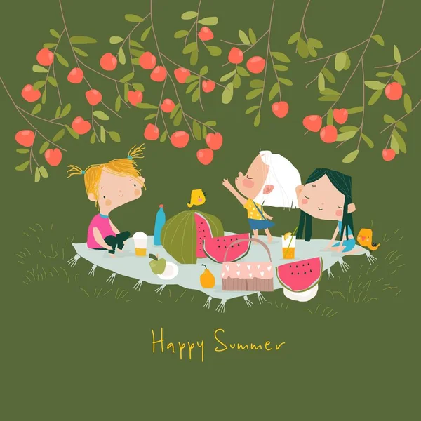 Mutlu çocuklar elma ağacının altında piknik yapıyorlar. Merhaba yaz. — Stok Vektör