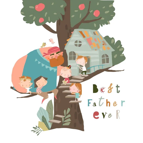 幸せな父は木の家で子供と遊ぶ — ストックベクタ