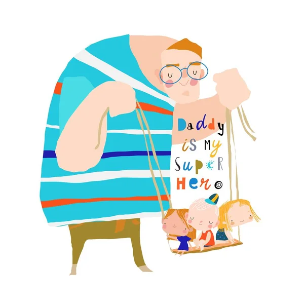 Поздравительная открытка на День отца. Отец размахивает детьми на качелях — стоковый вектор