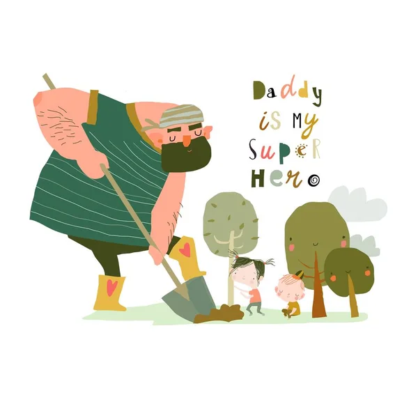 Padre plantando los árboles con sus hijos — Vector de stock