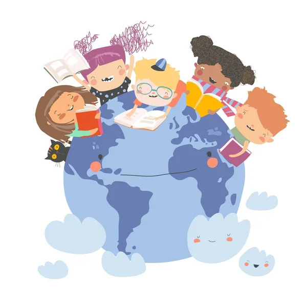 Elszigetelt illusztráció boldog gyerekek olvasás könyvek a Globe — Stock Vector