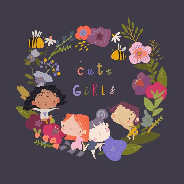 Bonito pouco desenhos animados meninas sentado no flores grinalda — Vetor de Stock