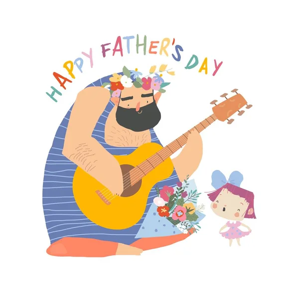 Κάρτα ημέρας ευτυχισμένων πατέρων. Ο πατέρας παίζει κιθάρα και η κόρη τραγουδάει — Διανυσματικό Αρχείο