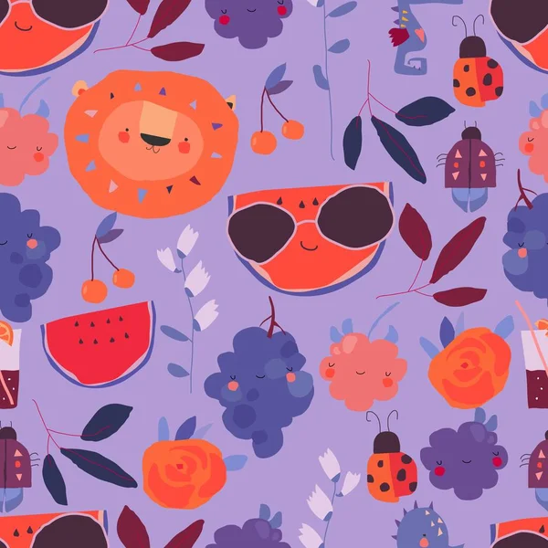 Бесшовный рисунок с фруктами, животными и растениями мультфильма на фиолетовом фоне — стоковый вектор