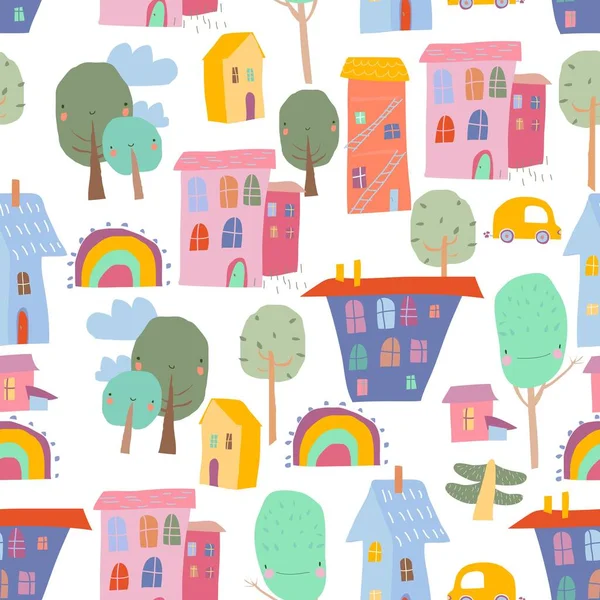 Seamless Pattern with colorful Houses on white Background