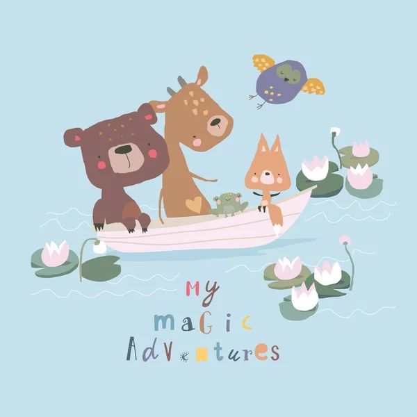 Desenhos animados Animais flutuando no barco no lago —  Vetores de Stock