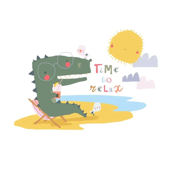 Šťastný kreslený krokodýl relaxaci v lehátku — Stockový vektor