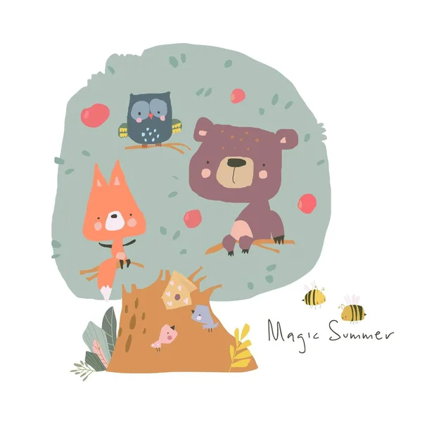 Dibujos animados Animales divertidos sentados en el árbol. Hola Summer — Vector de stock