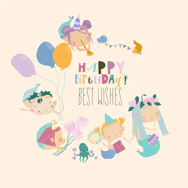 Desenhos animados Sereias engraçadas com Peixes celebrando Aniversário —  Vetores de Stock