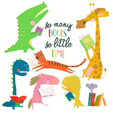 Beyaz arkaplan üzerine kitap okuyan bir grup sevimli hayvan