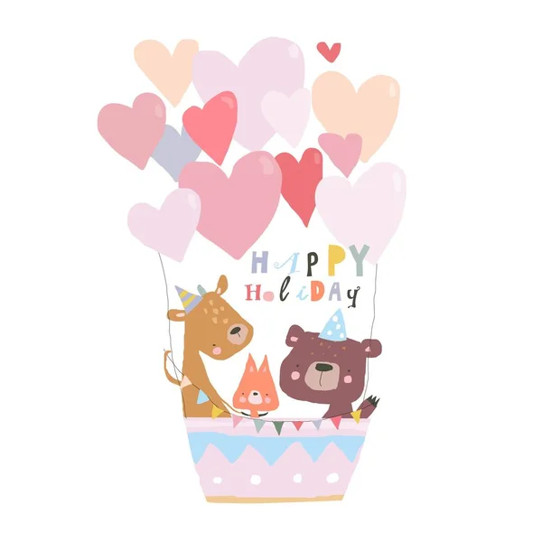 かわいい動物が熱気球に乗って飛ぶ誕生日カード — ストックベクタ