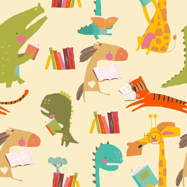 Nahtloses Muster niedlicher Tiere beim Lesen von Büchern — Stockvektor