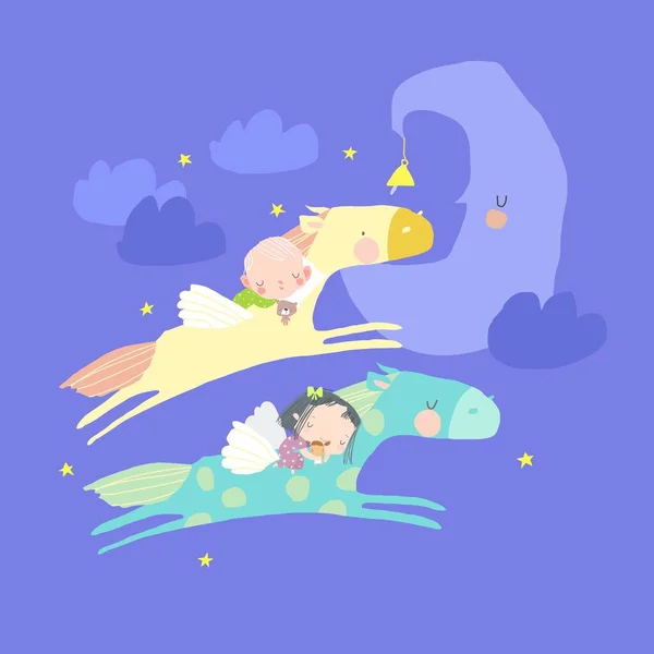 Cute sleeping Children flying on Horses in the Sky — Stock Vector