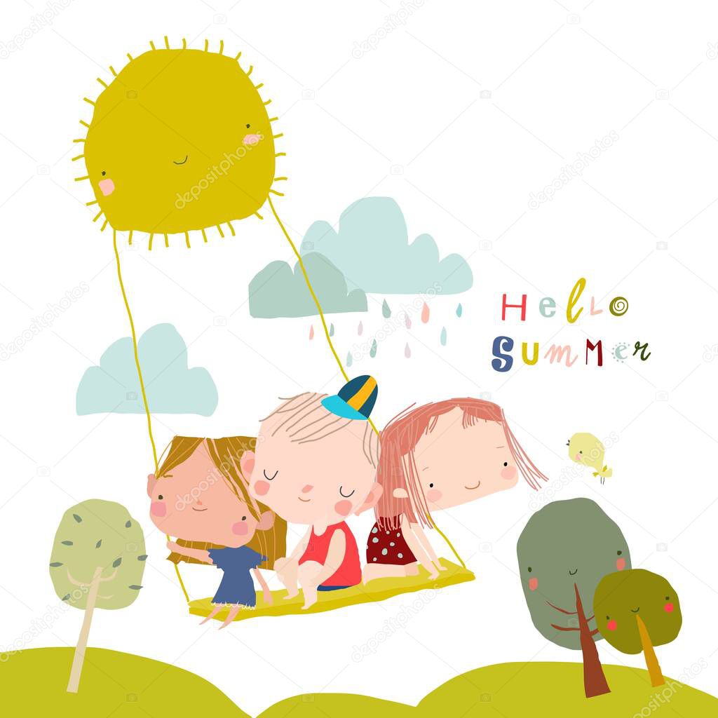 Happy Children swinging swing on rays of sun