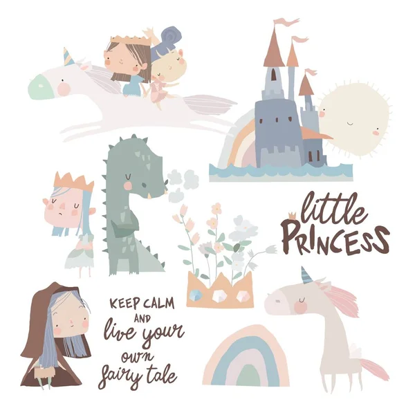 Állítsa be aranyos kis hercegnők, sárkányok és mágikus egyszarvúak fehér háttér — Stock Vector