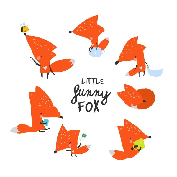 Cartoon illustration with crazy funny foxes on white background — Stockvector