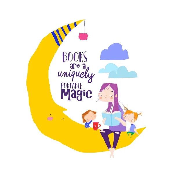 Cute mother reading book and sitting on the moon with her children — Stockvector