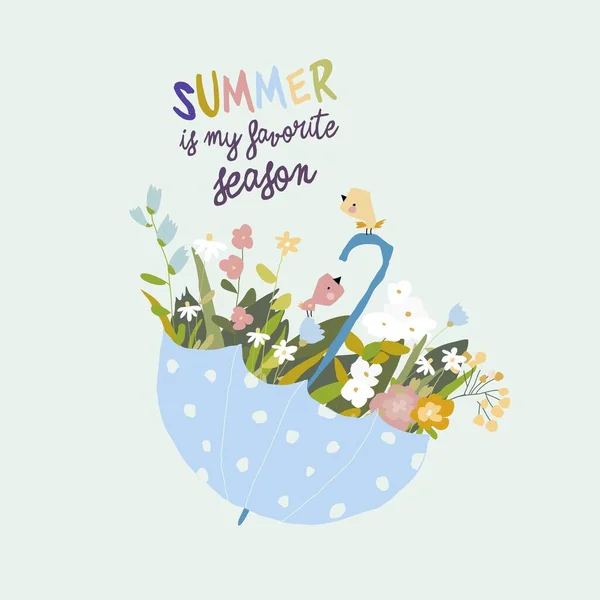 花や鳥と青い傘。こんにちは夏 — ストックベクタ