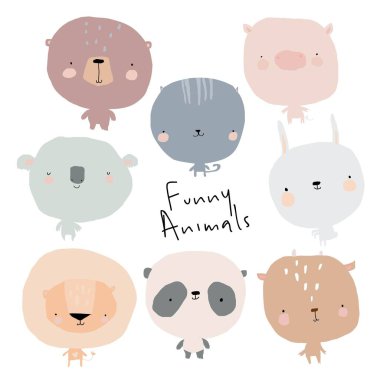 Beyaz Arkaplanda Sevimli Hayvanlar çizgi film seti