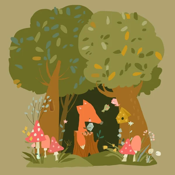 Μικρή Κόκκινη Αλεπού ανάγνωση βιβλίο στο θερινό δάσος — Διανυσματικό Αρχείο