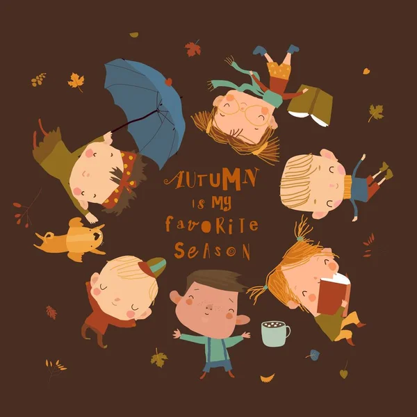 Niños felices tumbados en la hierba. Hola Otoño — Vector de stock